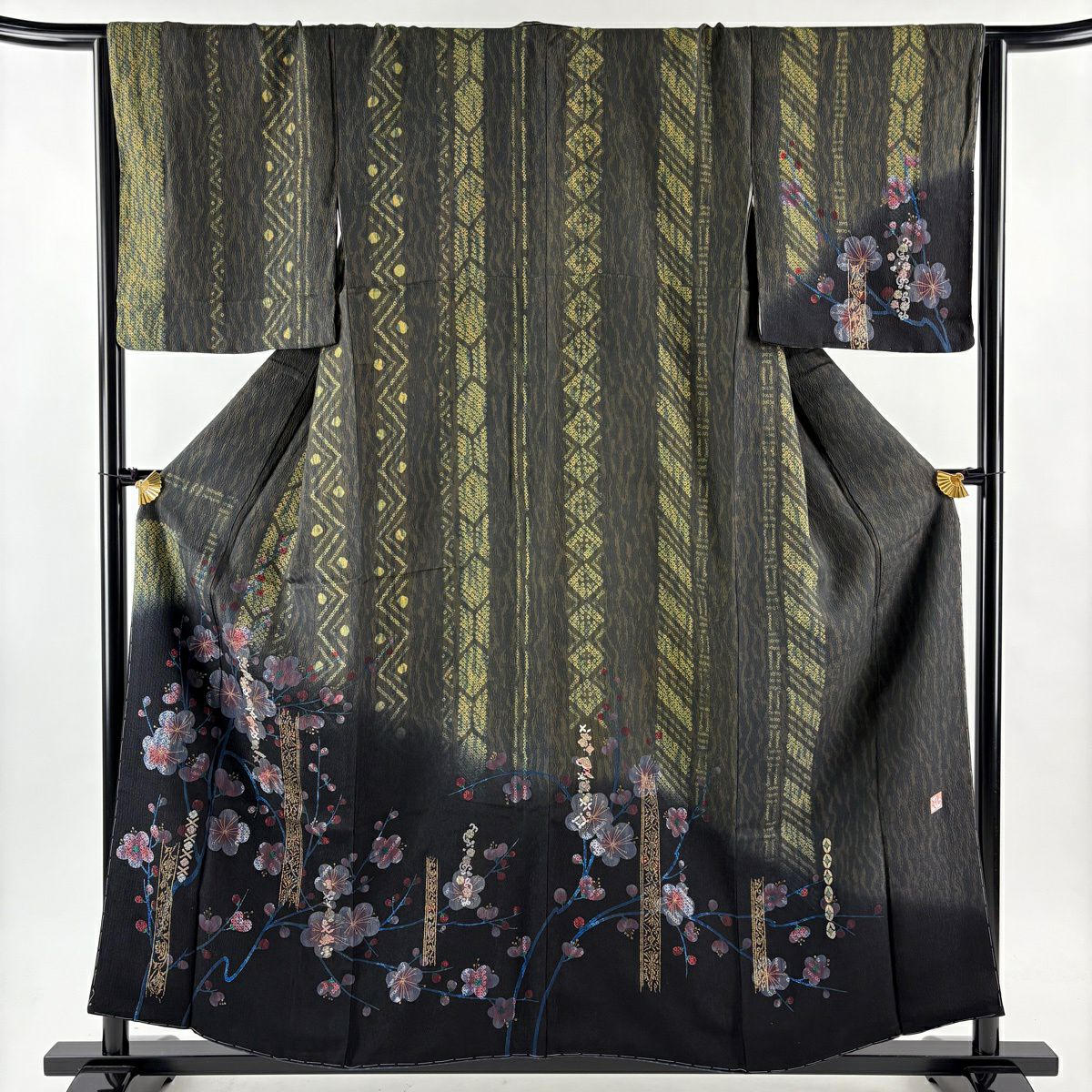訪問服 身長158cm 袖長68.5cm L 雙層 樋熊哲也 落款あり 梅花 疋田 刺繡 金糸 黑 純蠶絲 逸品級