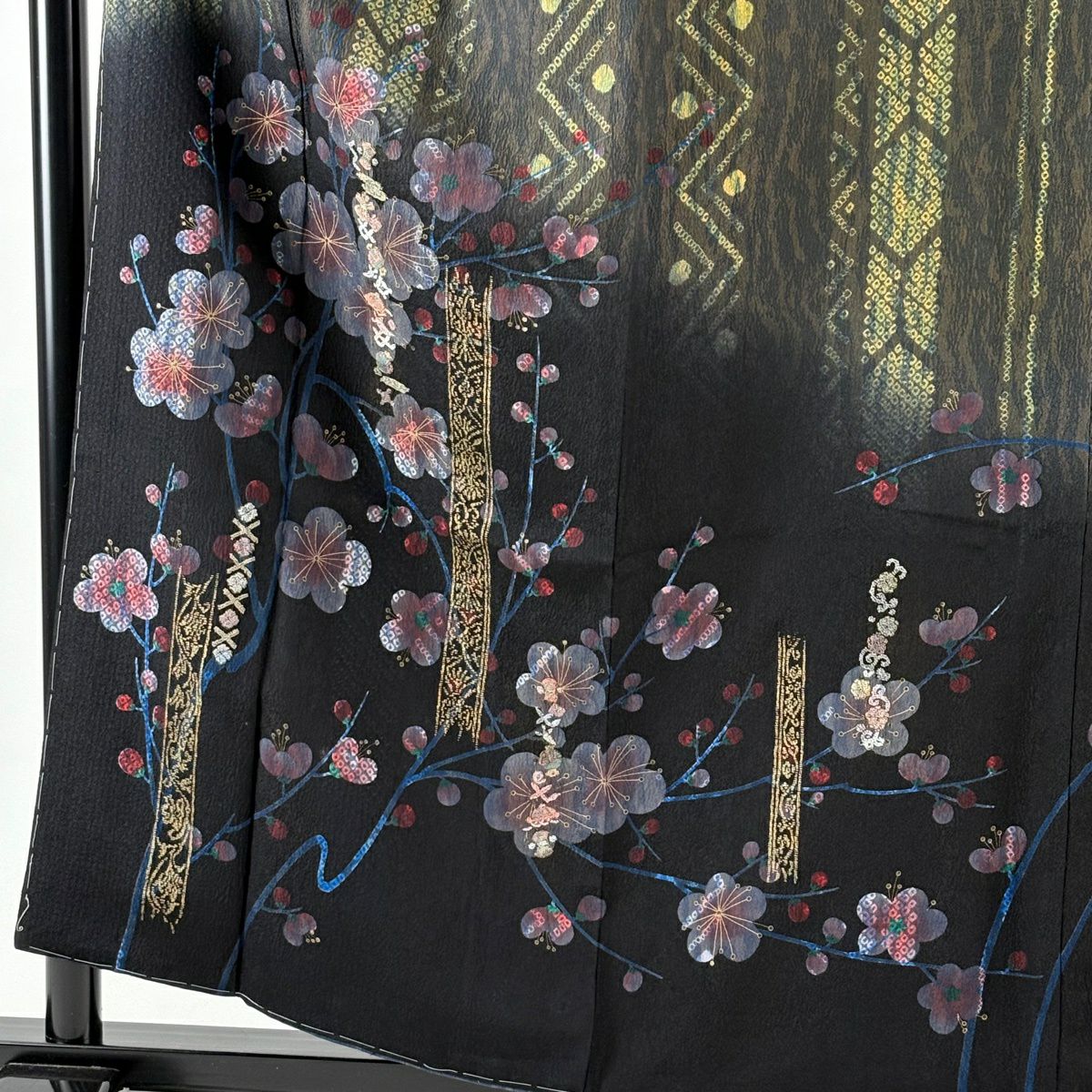 訪問服 身長158cm 袖長68.5cm L 雙層 樋熊哲也 落款あり 梅花 疋田 刺繡 金糸 黑 純蠶絲 逸品級