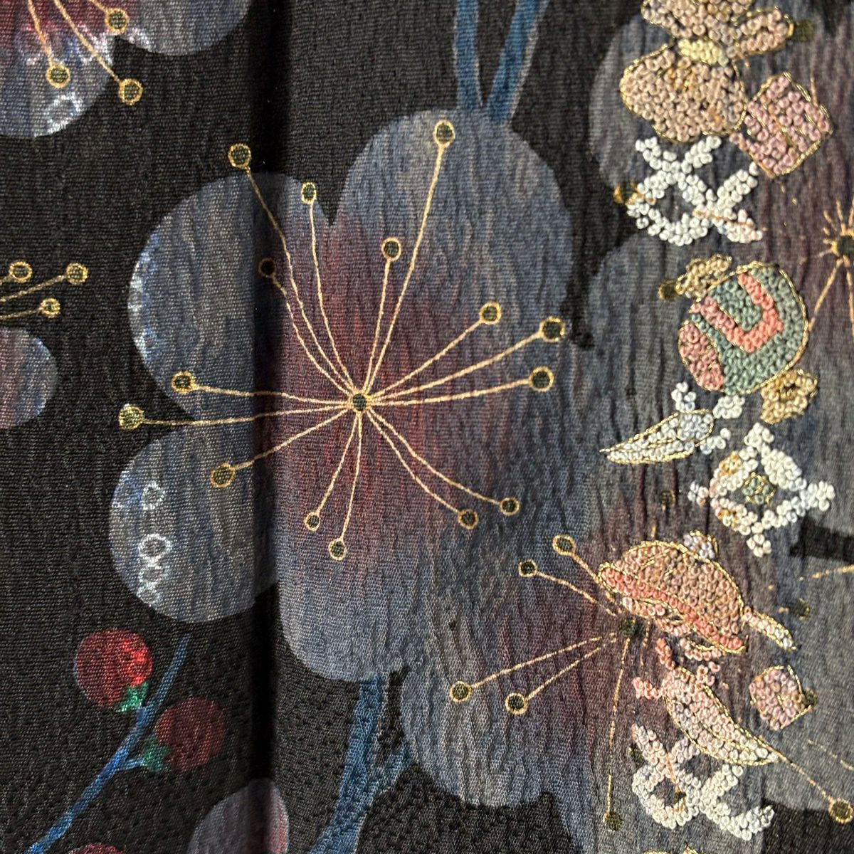 訪問服 身長158cm 袖長68.5cm L 雙層 樋熊哲也 落款あり 梅花 疋田 刺繡 金糸 黑 純蠶絲 逸品級