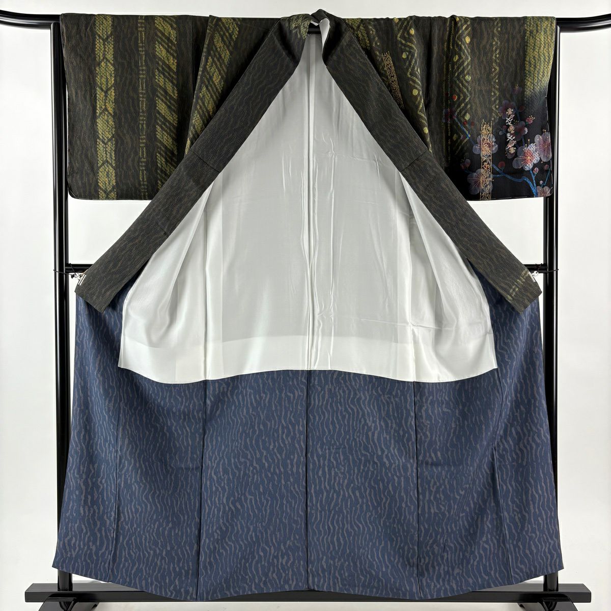 訪問服 身長158cm 袖長68.5cm L 雙層 樋熊哲也 落款あり 梅花 疋田 刺繡 金糸 黑 純蠶絲 逸品級