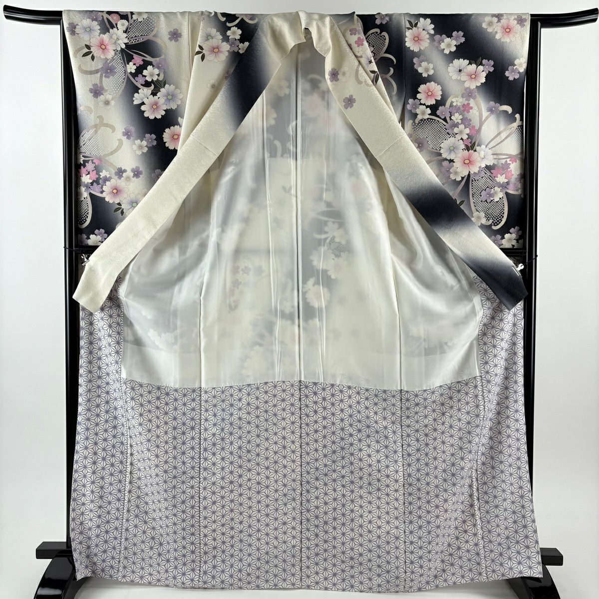 【美品】振袖禮服 身長169cm 袖長67cm M 雙層 草花紋紋 疋田柄 金金箔 銀通 乳白色 純蠶絲 逸品級