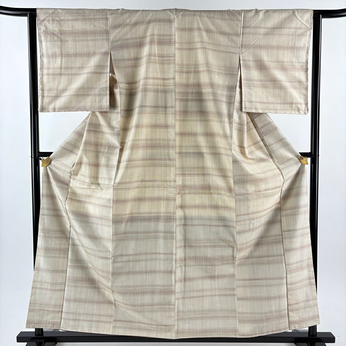 【美品】 紬織 身長158.5cm 袖長63cm S 雙層 吉澤與市 虹彩花織 垂直條紋 米色 純蠶絲 逸品級