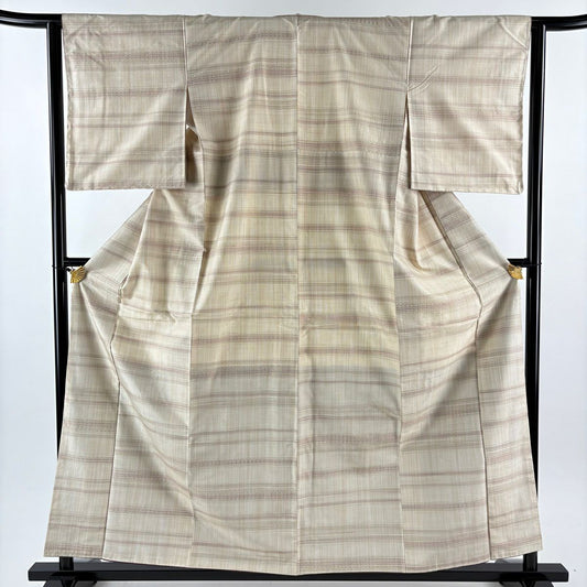 【美品】 紬織 身長158.5cm 袖長63cm S 雙層 吉澤與市 虹彩花織 垂直條紋 米色 純蠶絲 逸品級
