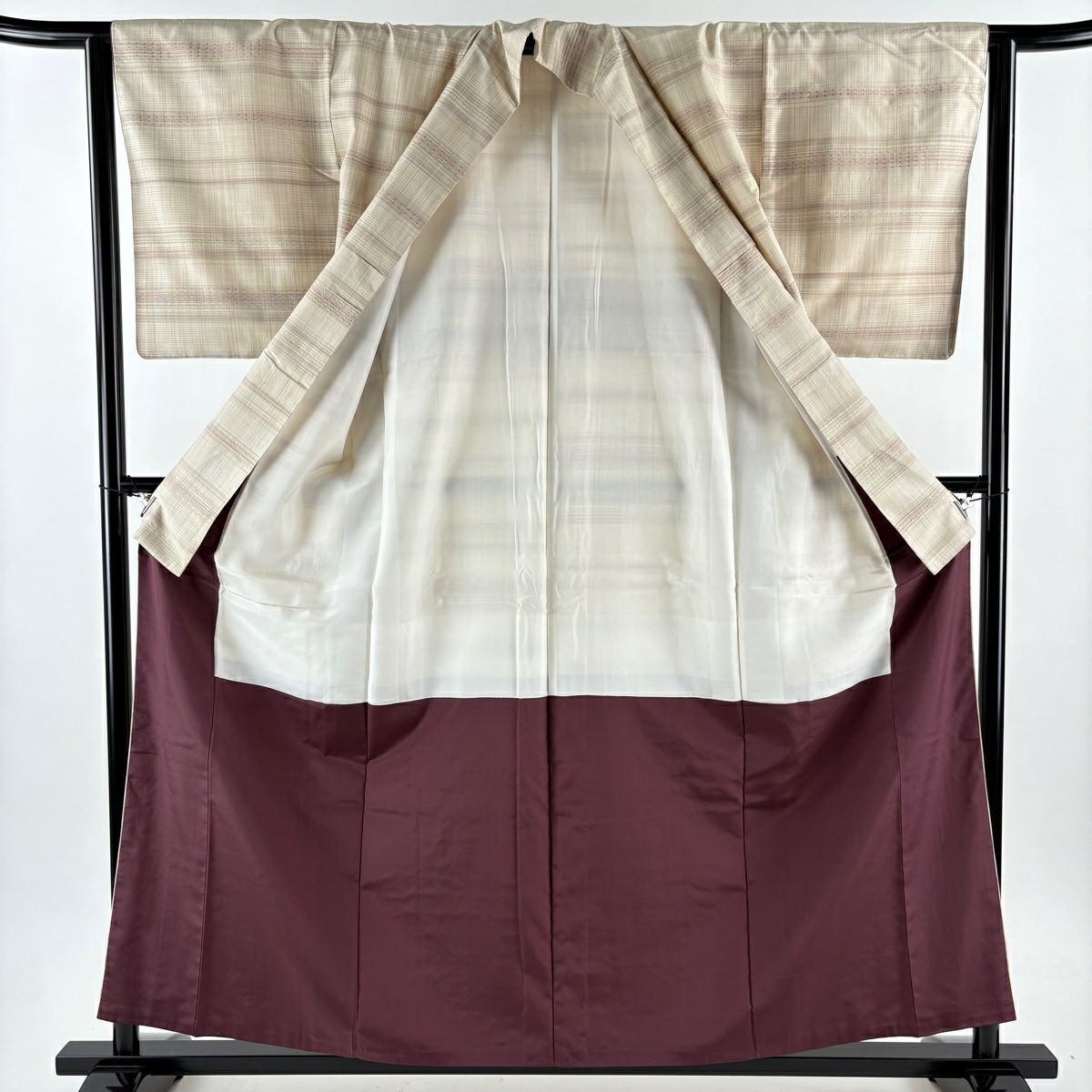 【美品】 紬織 身長158.5cm 袖長63cm S 雙層 吉澤與市 虹彩花織 垂直條紋 米色 純蠶絲 逸品級
