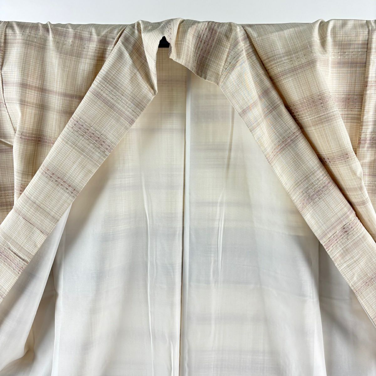 【美品】 紬織 身長158.5cm 袖長63cm S 雙層 吉澤與市 虹彩花織 垂直條紋 米色 純蠶絲 逸品級
