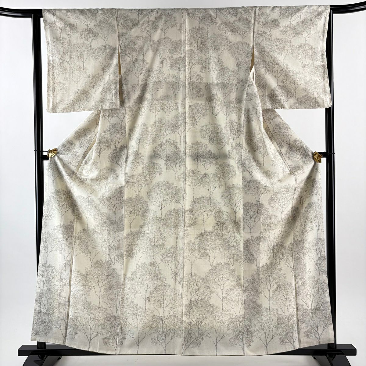 【美品】 付下 身長160cm 袖長63.5cm S 雙層 小千谷紬織織地 證書附帶 樹木圖案 奶油色 純蠶絲 逸品級
