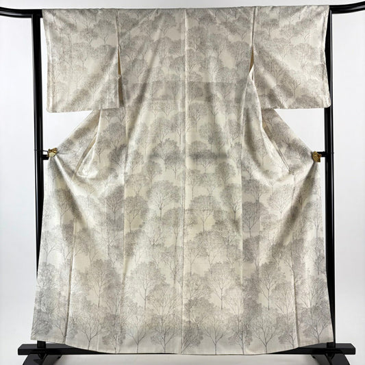 【美品】 付下 身長160cm 袖長63.5cm S 雙層 小千谷紬織織地 證書附帶 樹木圖案 奶油色 純蠶絲 逸品級