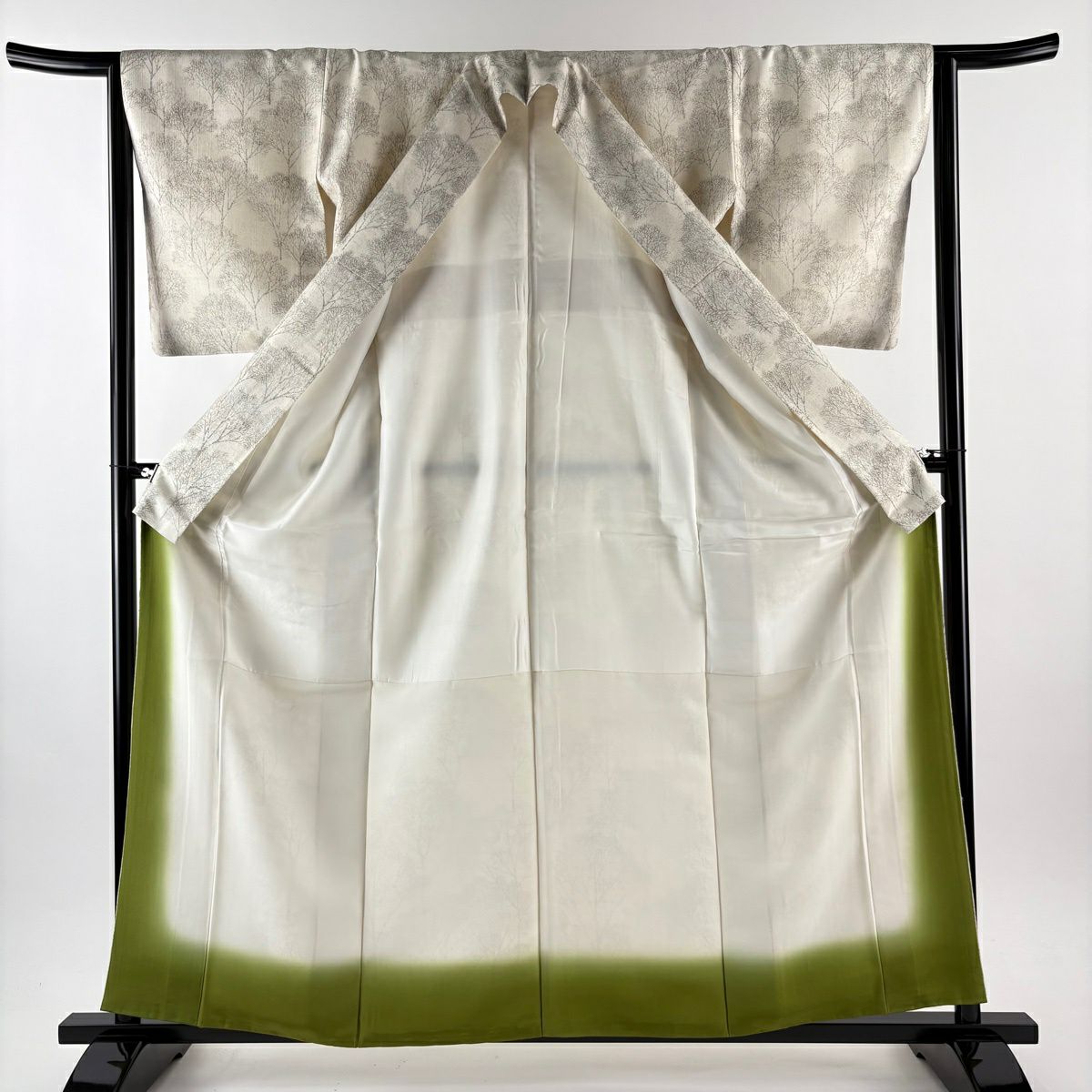 【美品】 付下 身長160cm 袖長63.5cm S 雙層 小千谷紬織織地 證書附帶 樹木圖案 奶油色 純蠶絲 逸品級