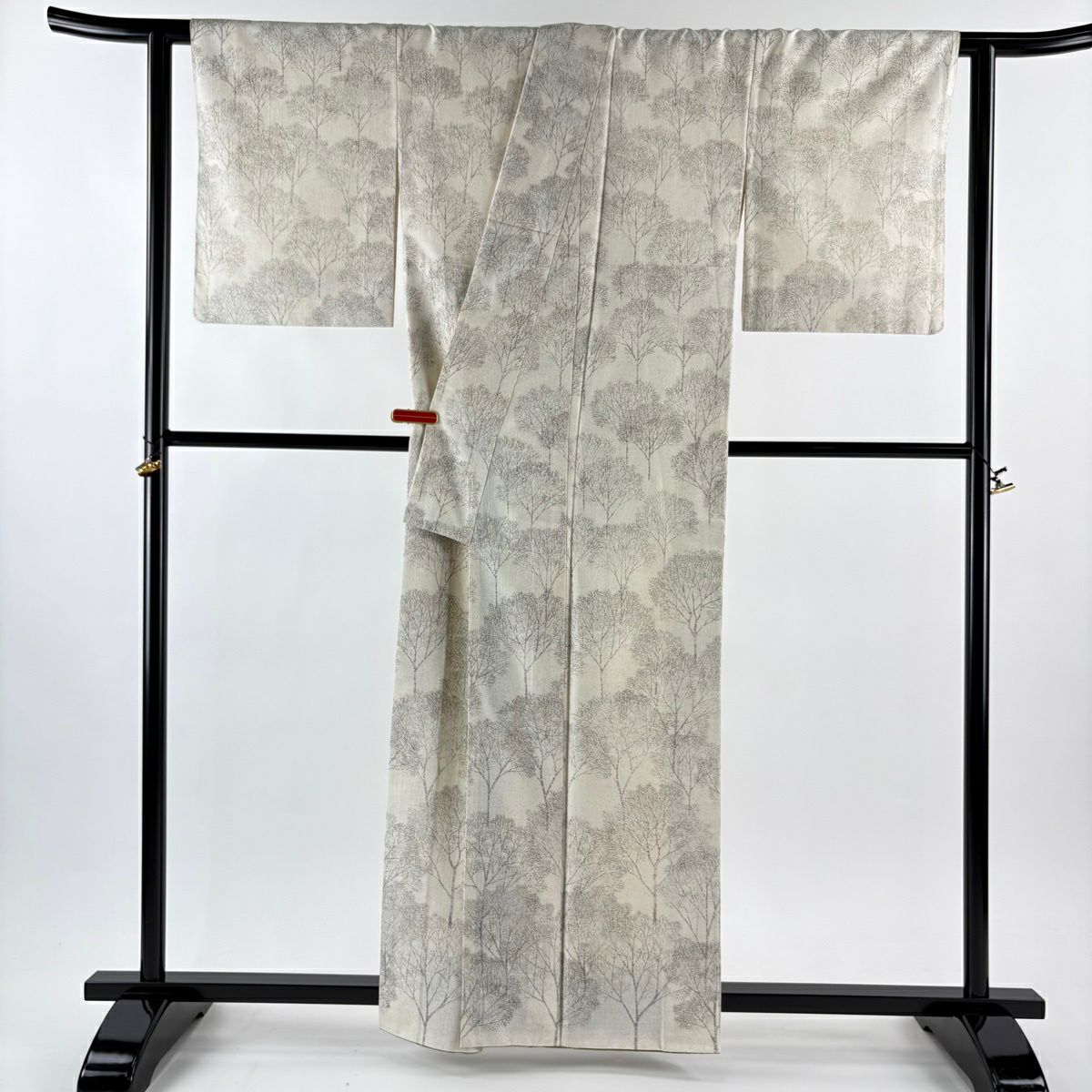 【美品】 付下 身長160cm 袖長63.5cm S 雙層 小千谷紬織織地 證書附帶 樹木圖案 奶油色 純蠶絲 逸品級