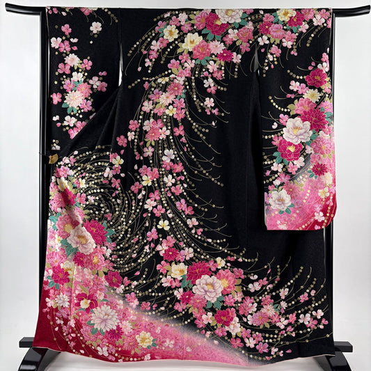 振袖禮服 身長163.5cm 袖長64cm M 雙層 牡丹 草花紋紋 銀通 金銀彩 水晶 黑 純蠶絲 逸品級