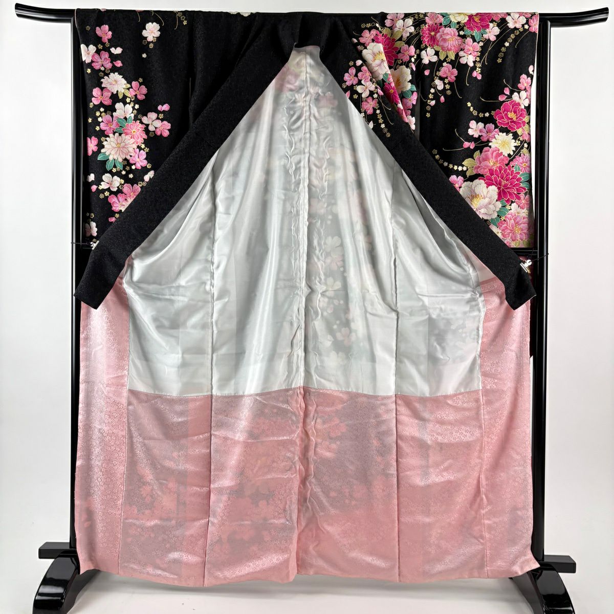 振袖禮服 身長163.5cm 袖長64cm M 雙層 牡丹 草花紋紋 銀通 金銀彩 水晶 黑 純蠶絲 逸品級