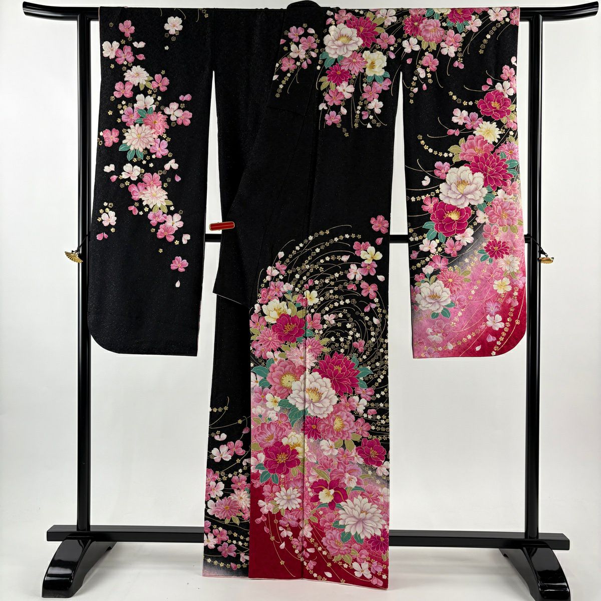 振袖禮服 身長163.5cm 袖長64cm M 雙層 牡丹 草花紋紋 銀通 金銀彩 水晶 黑 純蠶絲 逸品級