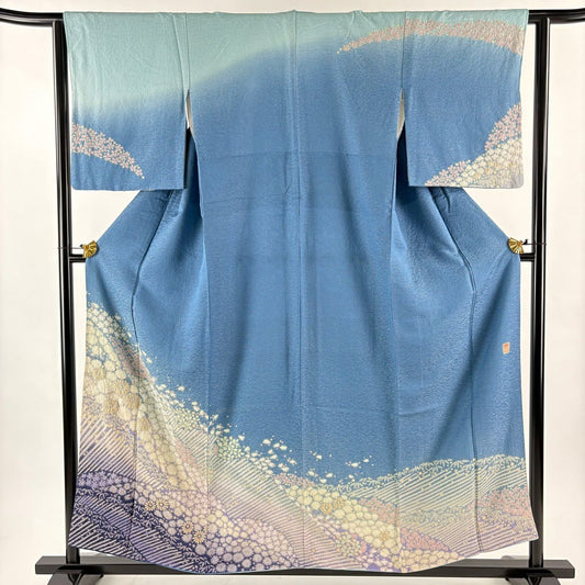 訪問服 身長156cm 袖長62cm S 雙層 滝泰 落款あり 菊花 笹 金通し 絞染 青 純蠶絲 逸品級