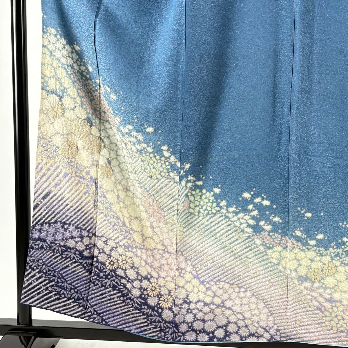 訪問服 身長156cm 袖長62cm S 雙層 滝泰 落款あり 菊花 笹 金通し 絞染 青 純蠶絲 逸品級