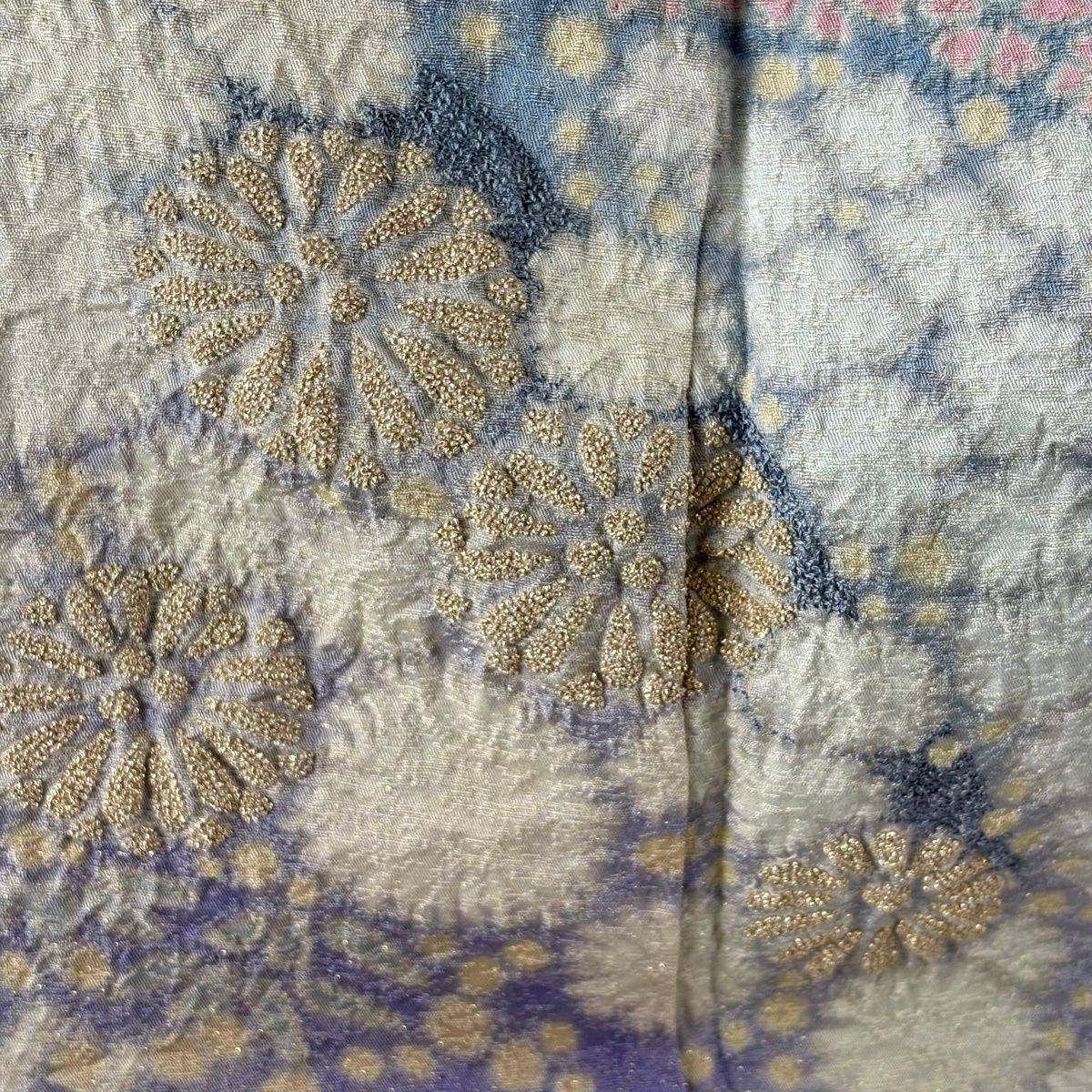 訪問服 身長156cm 袖長62cm S 雙層 滝泰 落款あり 菊花 笹 金通し 絞染 青 純蠶絲 逸品級