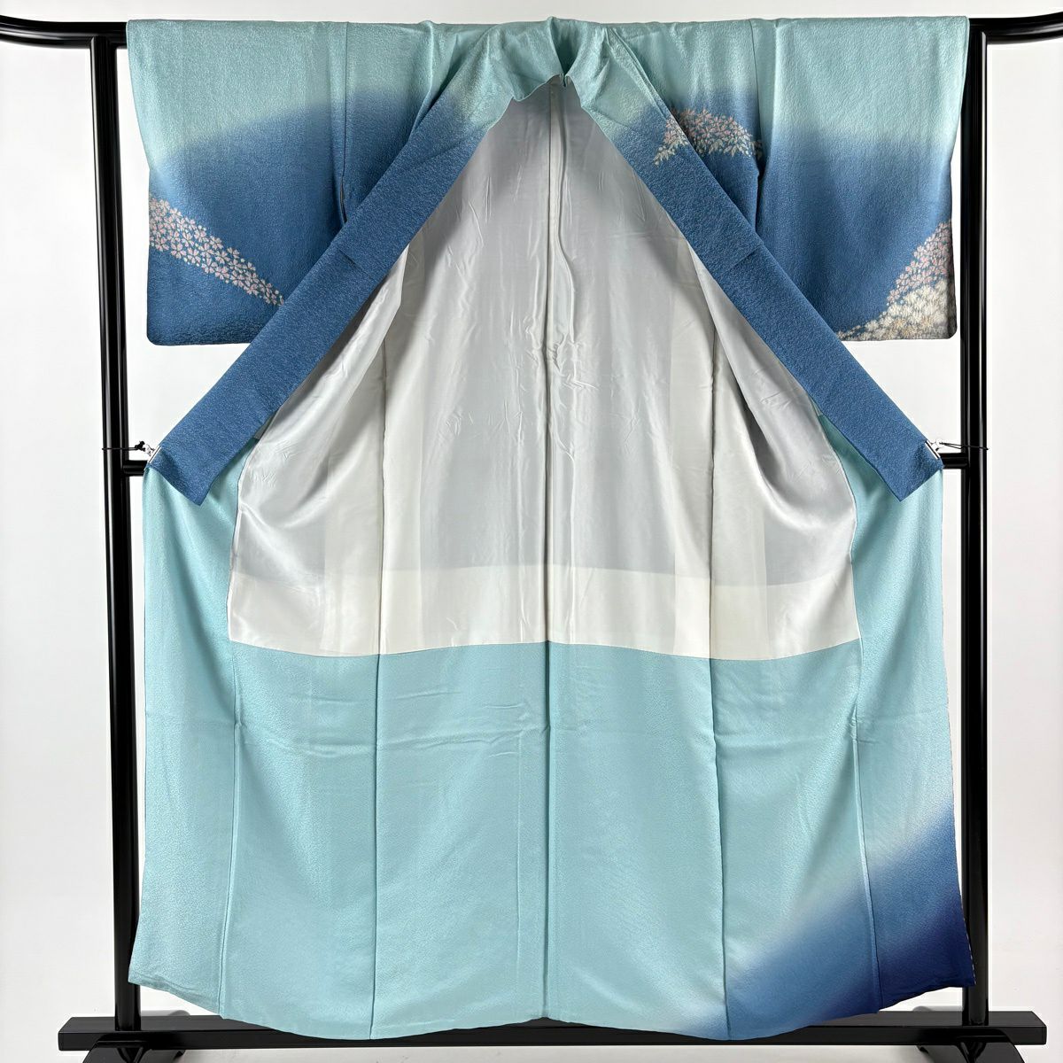 訪問服 身長156cm 袖長62cm S 雙層 滝泰 落款あり 菊花 笹 金通し 絞染 青 純蠶絲 逸品級