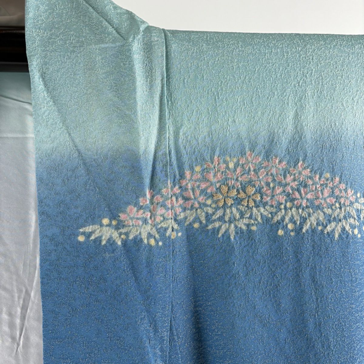 訪問服 身長156cm 袖長62cm S 雙層 滝泰 落款あり 菊花 笹 金通し 絞染 青 純蠶絲 逸品級
