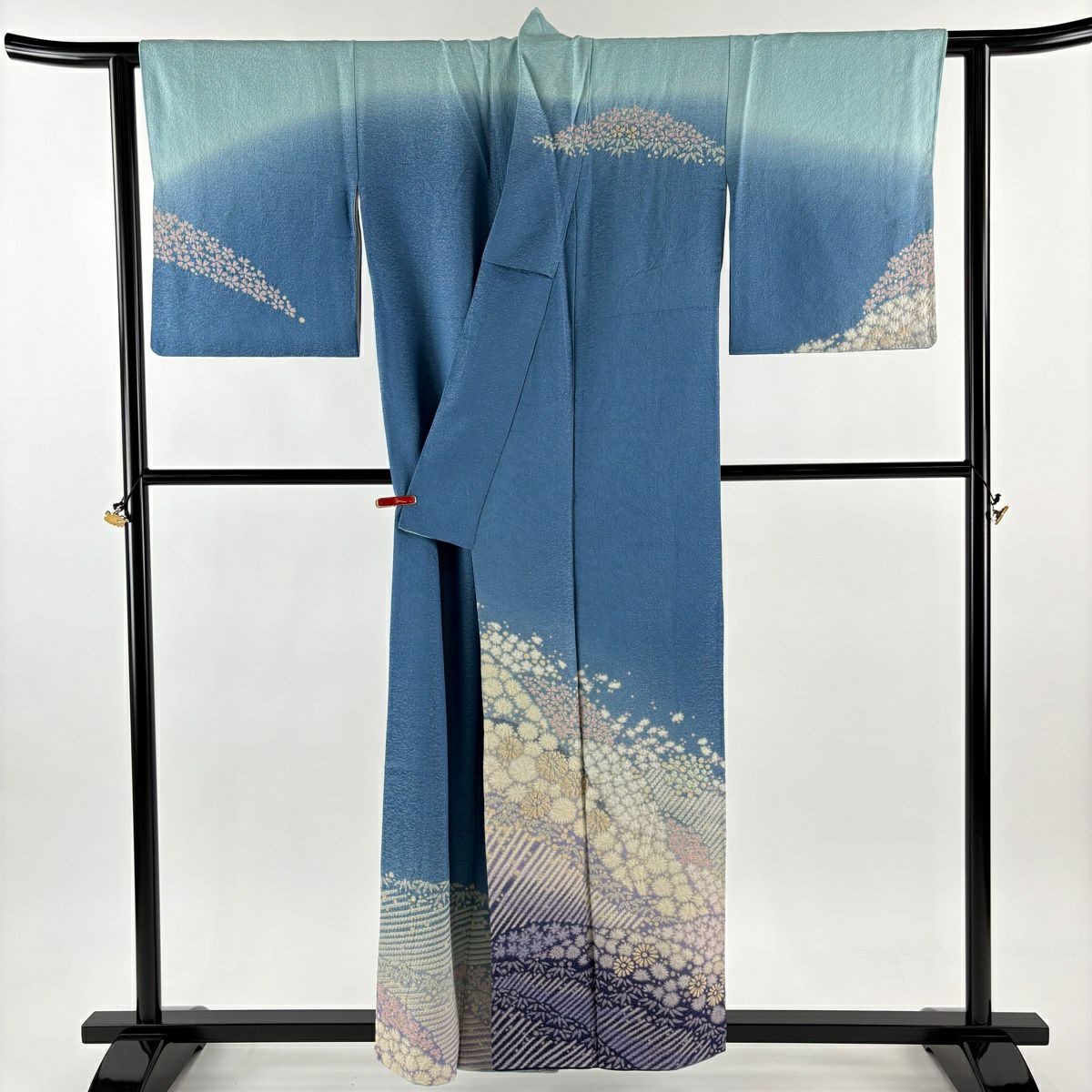 訪問服 身長156cm 袖長62cm S 雙層 滝泰 落款あり 菊花 笹 金通し 絞染 青 純蠶絲 逸品級
