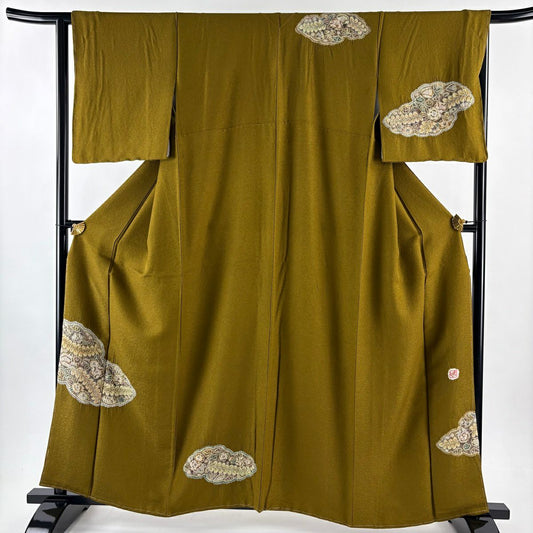 【美品】 付下 身長159.5cm 袖長64.5cm M 雙層 樋熊哲也 落款あり 辻花染 雲文 金通 山吹茶 純蠶絲 逸品級