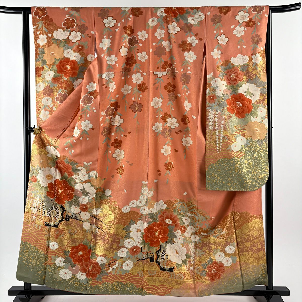 振袖禮服 身長160cm 袖長64cm M 雙層 花車 波 金絲 金銀彩 鮭粉色 純蠶絲 逸品級