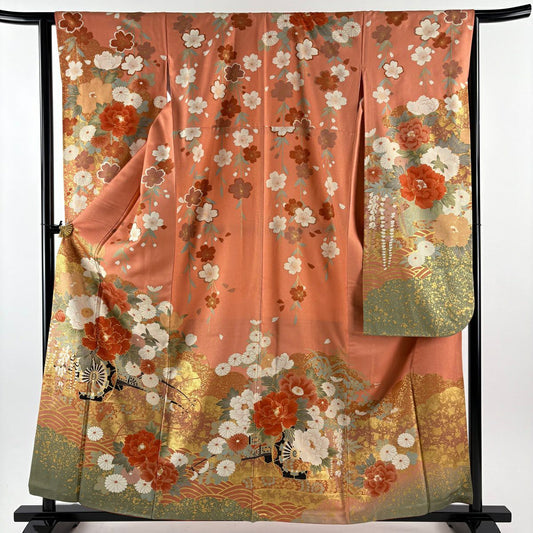 振袖禮服 身長160cm 袖長64cm M 雙層 花車 波 金絲 金銀彩 鮭粉色 純蠶絲 逸品級