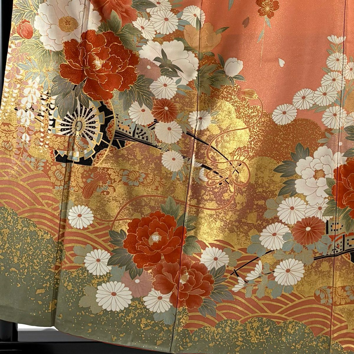 振袖禮服 身長160cm 袖長64cm M 雙層 花車 波 金絲 金銀彩 鮭粉色 純蠶絲 逸品級