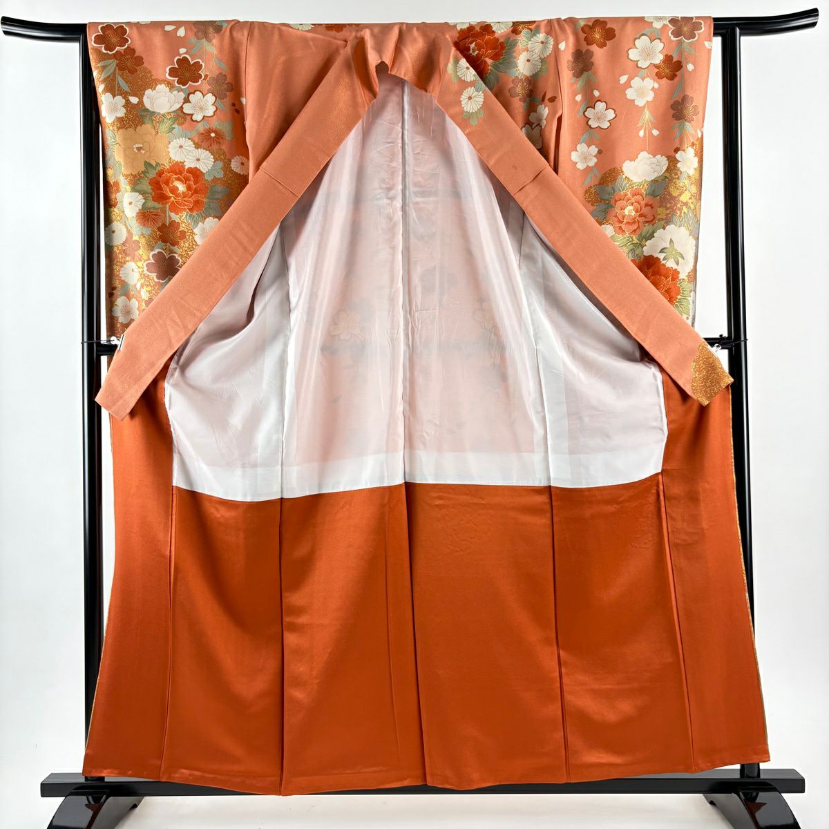 振袖禮服 身長160cm 袖長64cm M 雙層 花車 波 金絲 金銀彩 鮭粉色 純蠶絲 逸品級