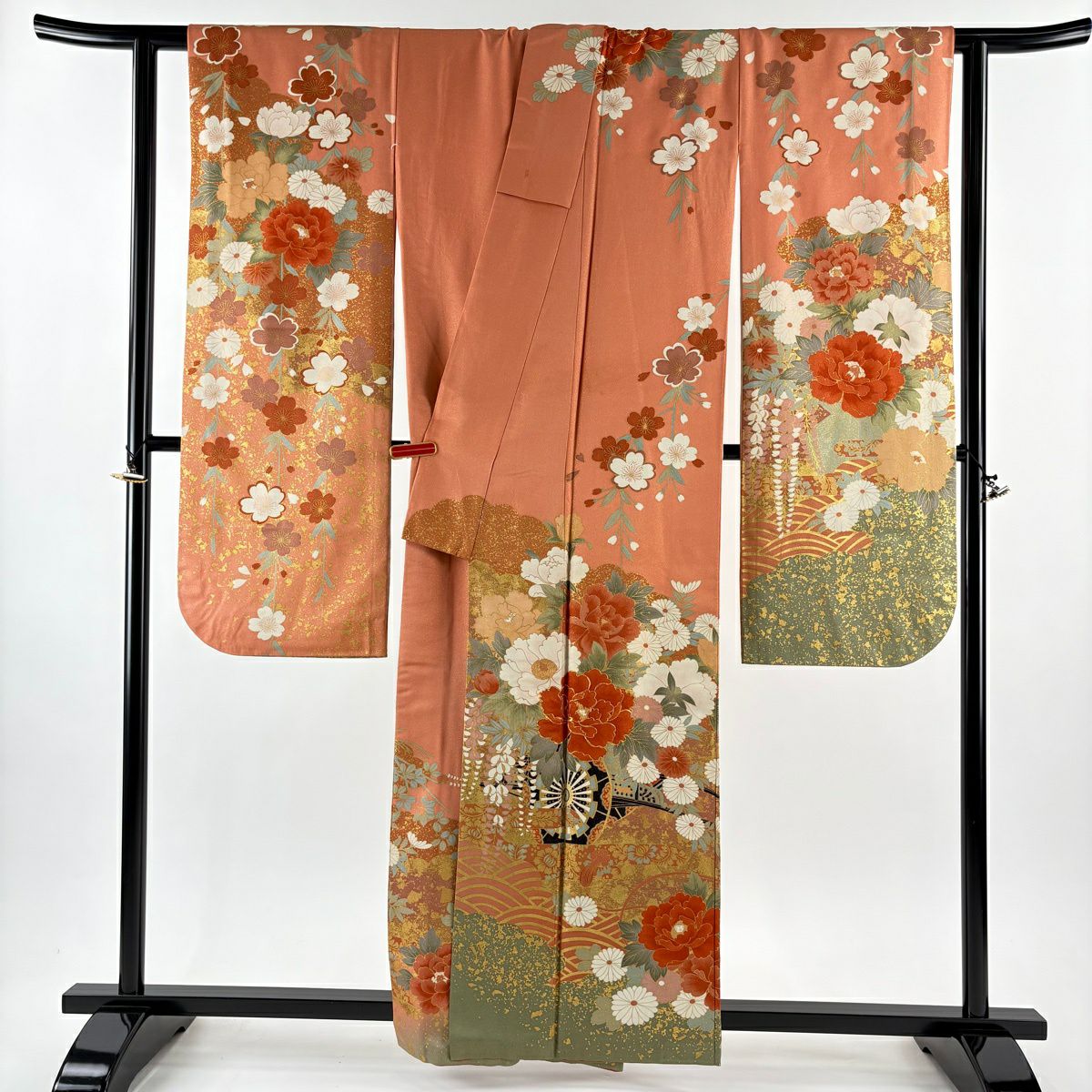 振袖禮服 身長160cm 袖長64cm M 雙層 花車 波 金絲 金銀彩 鮭粉色 純蠶絲 逸品級
