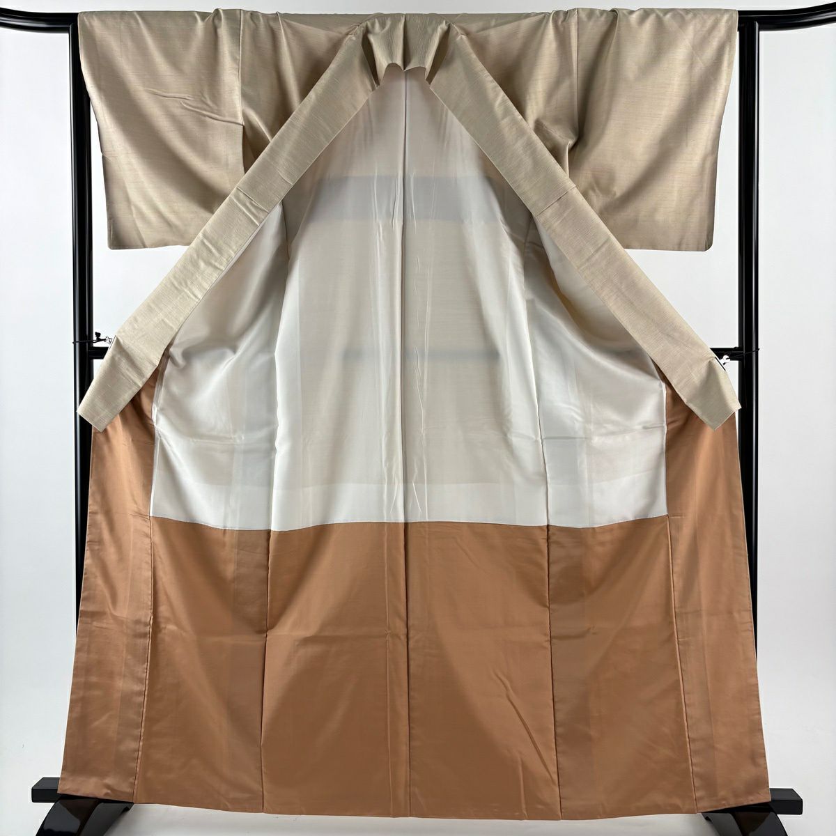 【美品】 紬織 身長164cm 袖長65cm M 雙層 落款あり 縞 幻梅花染 米色 純蠶絲 逸品級