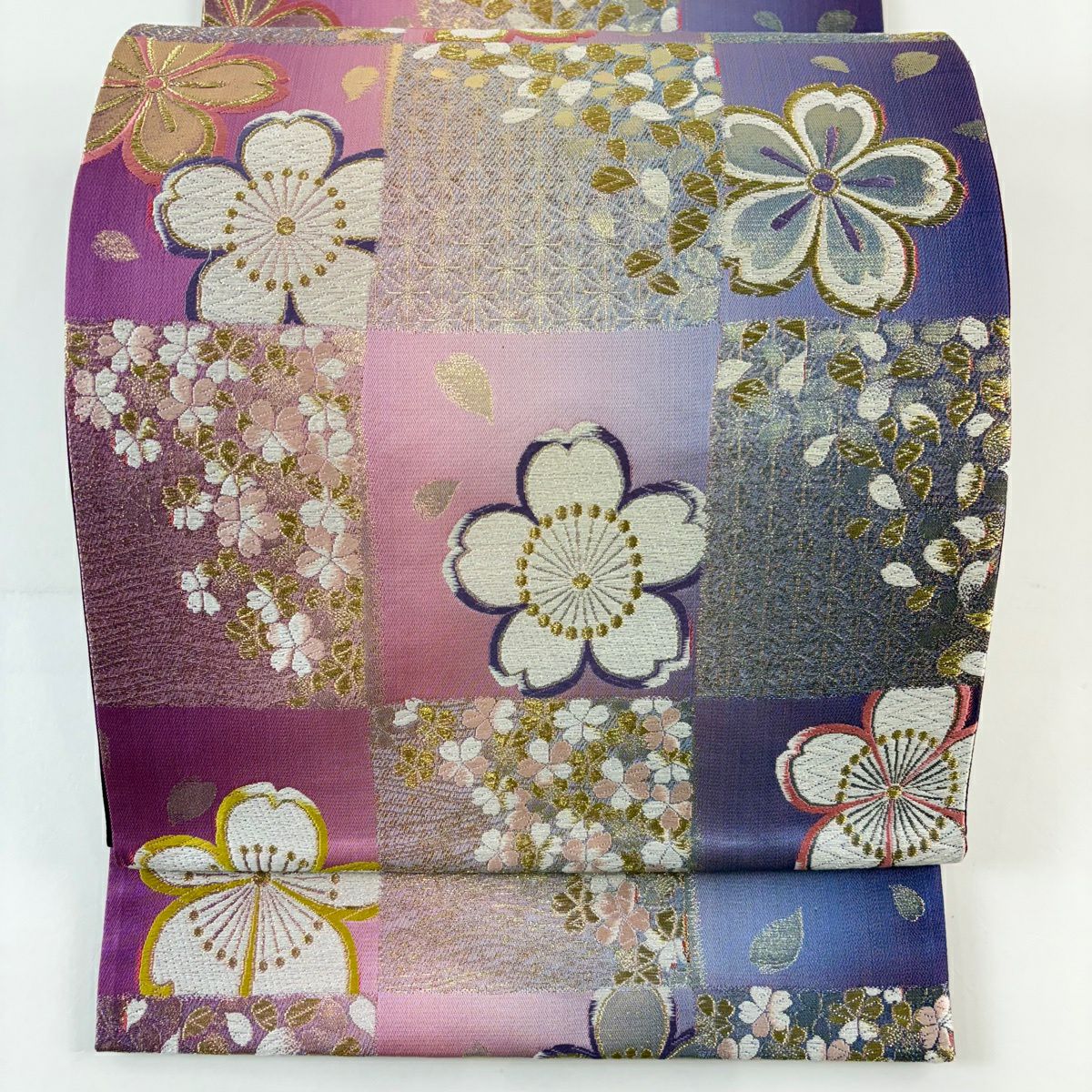 【美品】 袋帶 秀品級 市松樹麻葉櫻文 刺繡 金線 紫 六通 純蠶絲