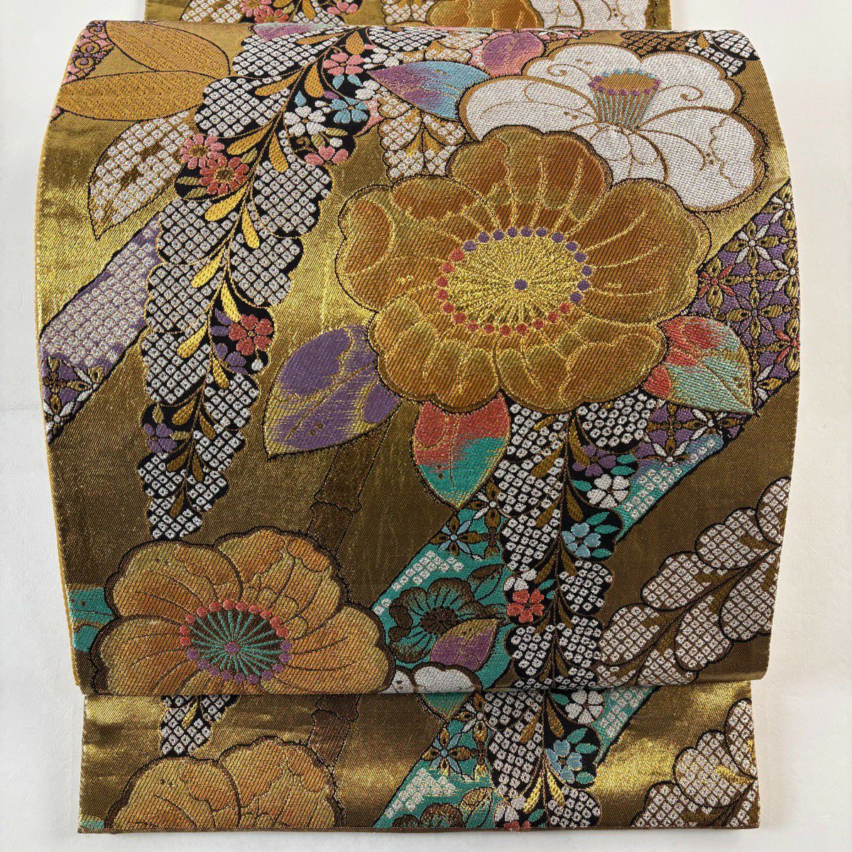 袋帶 秀品級 草花紋紋 藤 刺繡 金絲 金色 六通 純蠶絲