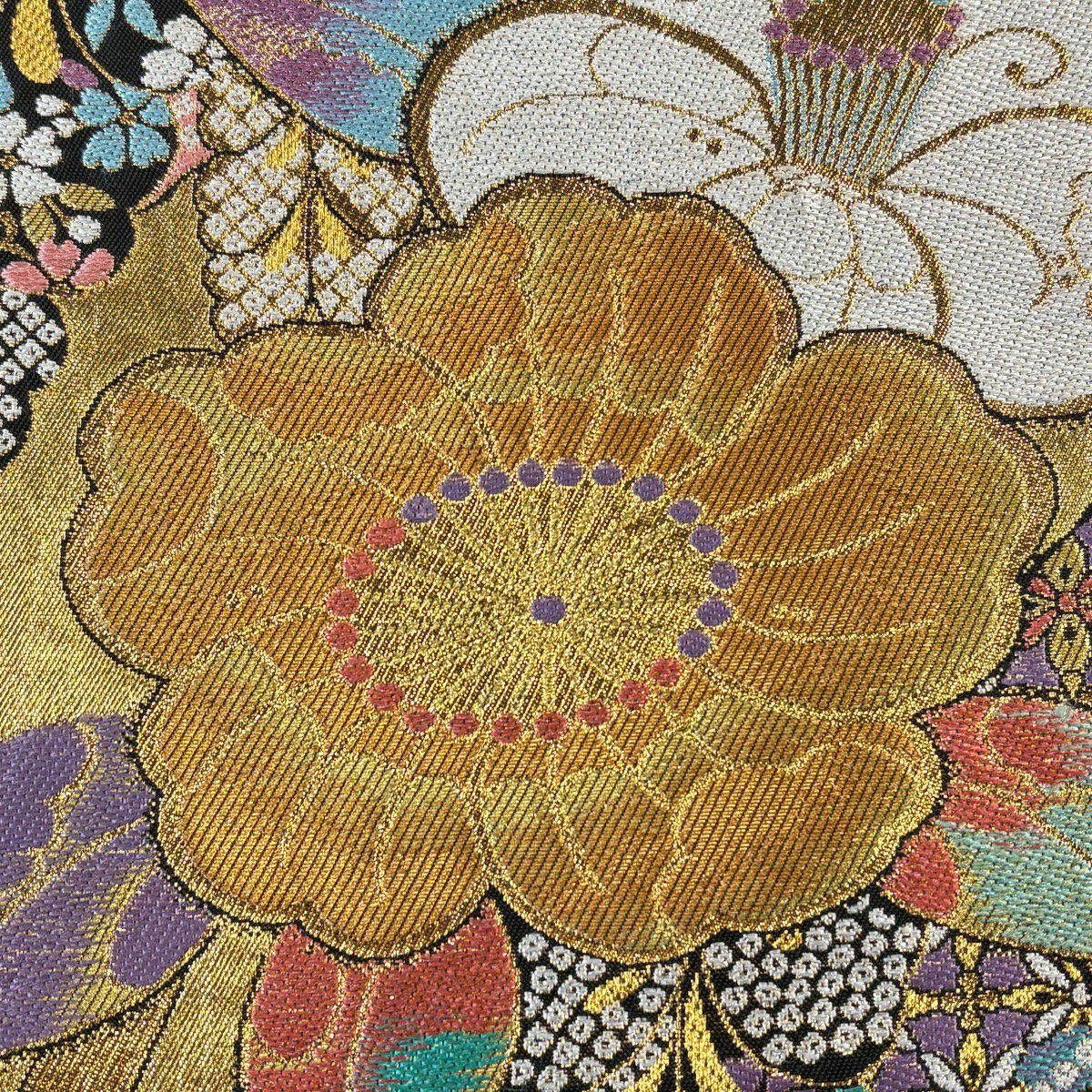 袋帶 秀品級 草花紋紋 藤 刺繡 金絲 金色 六通 純蠶絲