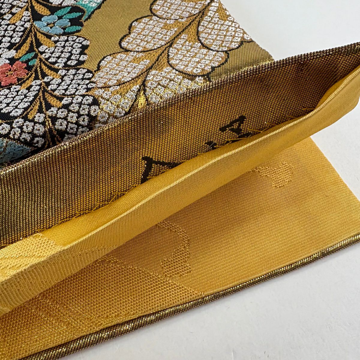 袋帶 秀品級 草花紋紋 藤 刺繡 金絲 金色 六通 純蠶絲