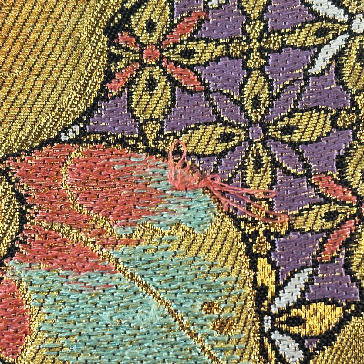 袋帶 秀品級 草花紋紋 藤 刺繡 金絲 金色 六通 純蠶絲