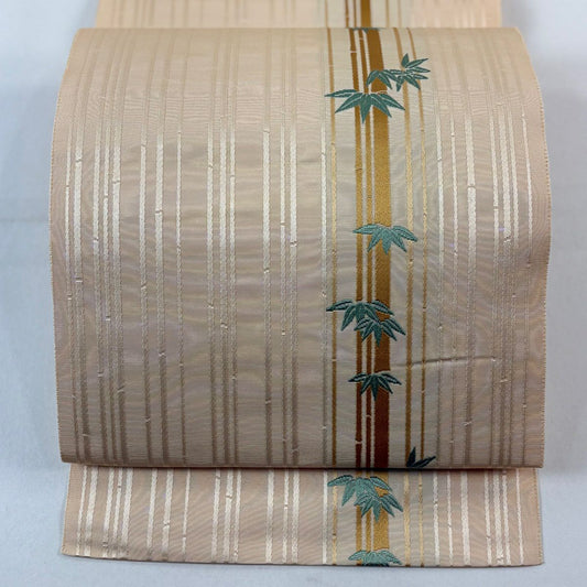 【美品】 名古屋帶 秀品級 八寸名古屋帶 松樹葉仕立 竹子 竹子縞 刺繡 米色 純蠶絲
