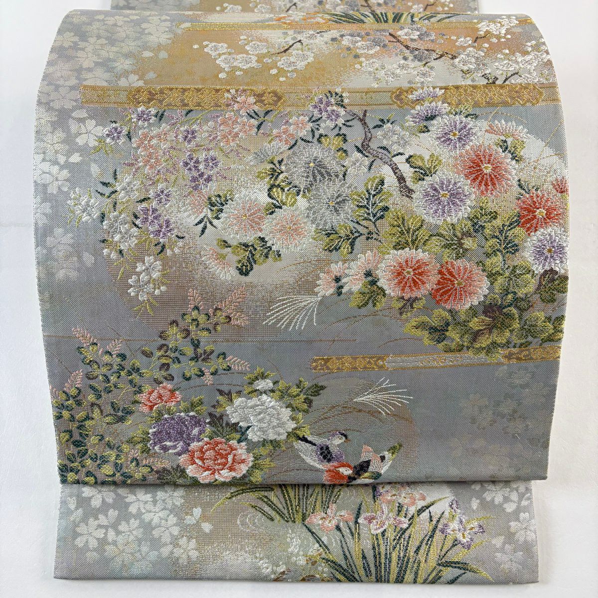 【美品】 袋帶 秀品級 書院花麗圓秀文 鴛鴦 刺繡 金金箔 灰色 六通 純蠶絲