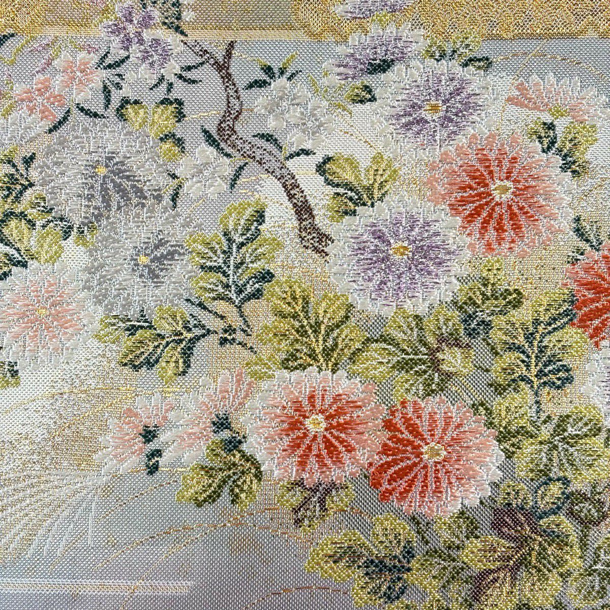 【美品】 袋帶 秀品級 書院花麗圓秀文 鴛鴦 刺繡 金金箔 灰色 六通 純蠶絲