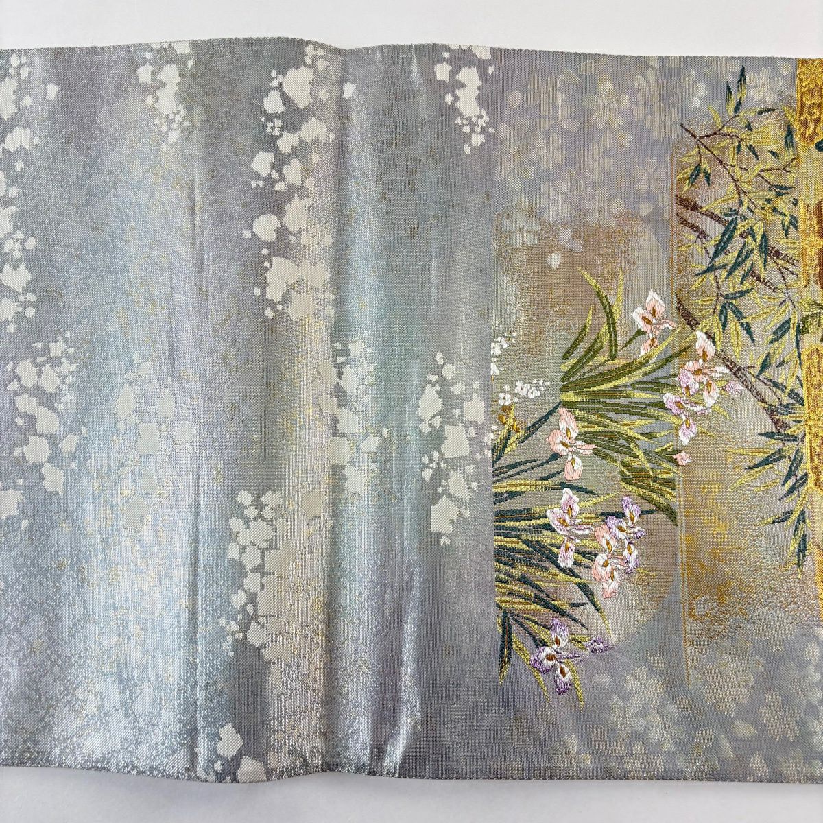 【美品】 袋帶 秀品級 書院花麗圓秀文 鴛鴦 刺繡 金金箔 灰色 六通 純蠶絲