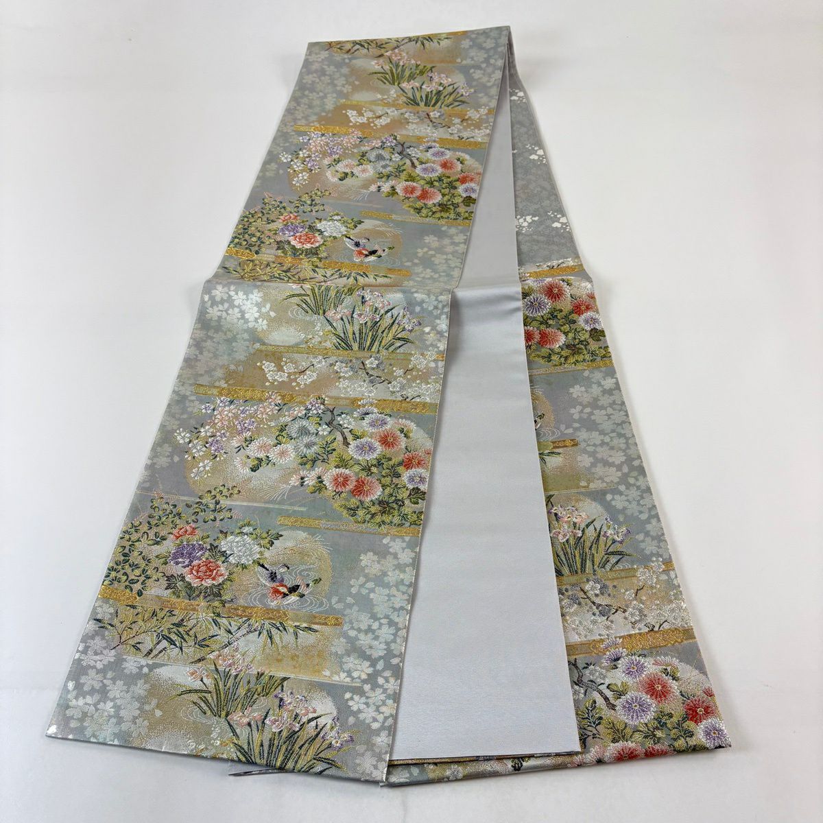 【美品】 袋帶 秀品級 書院花麗圓秀文 鴛鴦 刺繡 金金箔 灰色 六通 純蠶絲