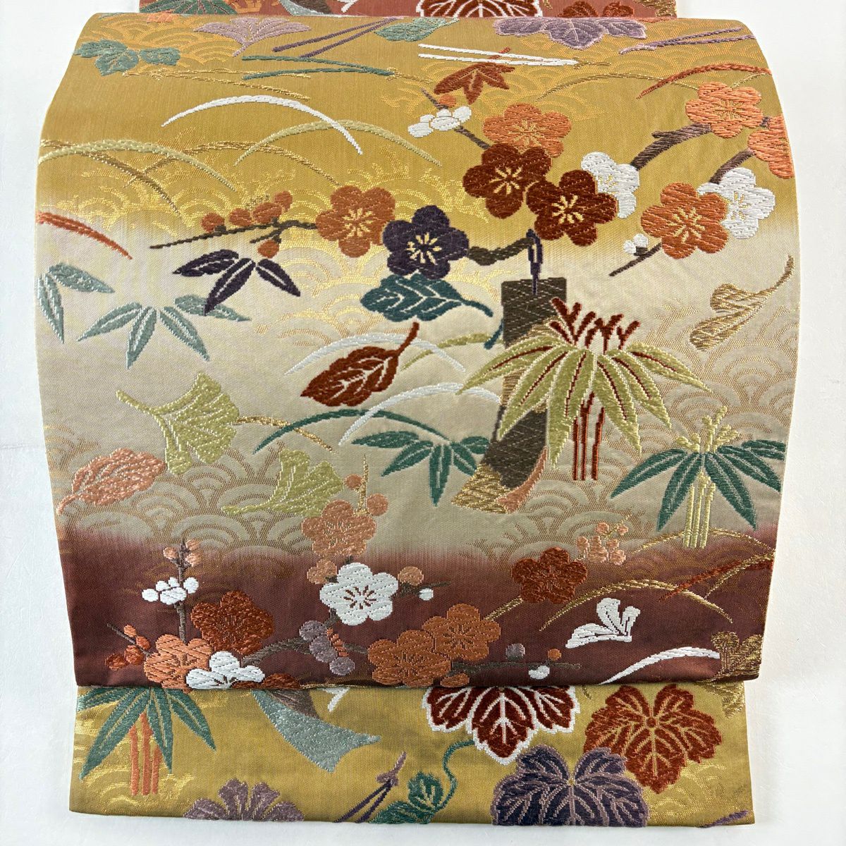 袋帶 秀品級 松樹竹子梅花 短冊 刺繡 金金箔 薄茶 六通 純蠶絲