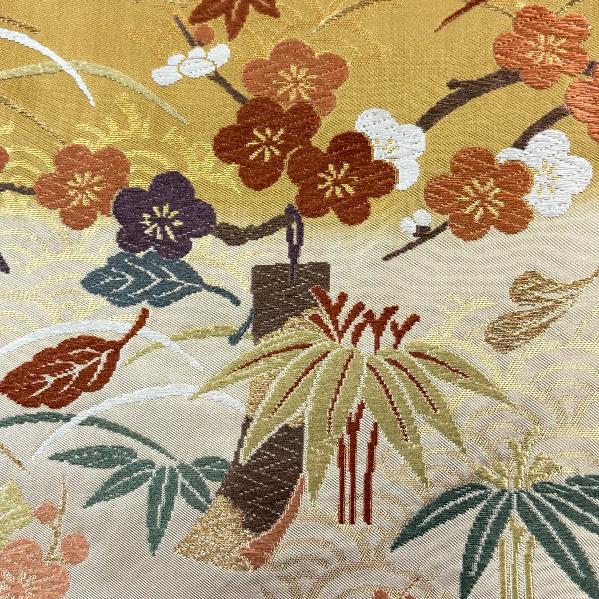 袋帶 秀品級 松樹竹子梅花 短冊 刺繡 金金箔 薄茶 六通 純蠶絲