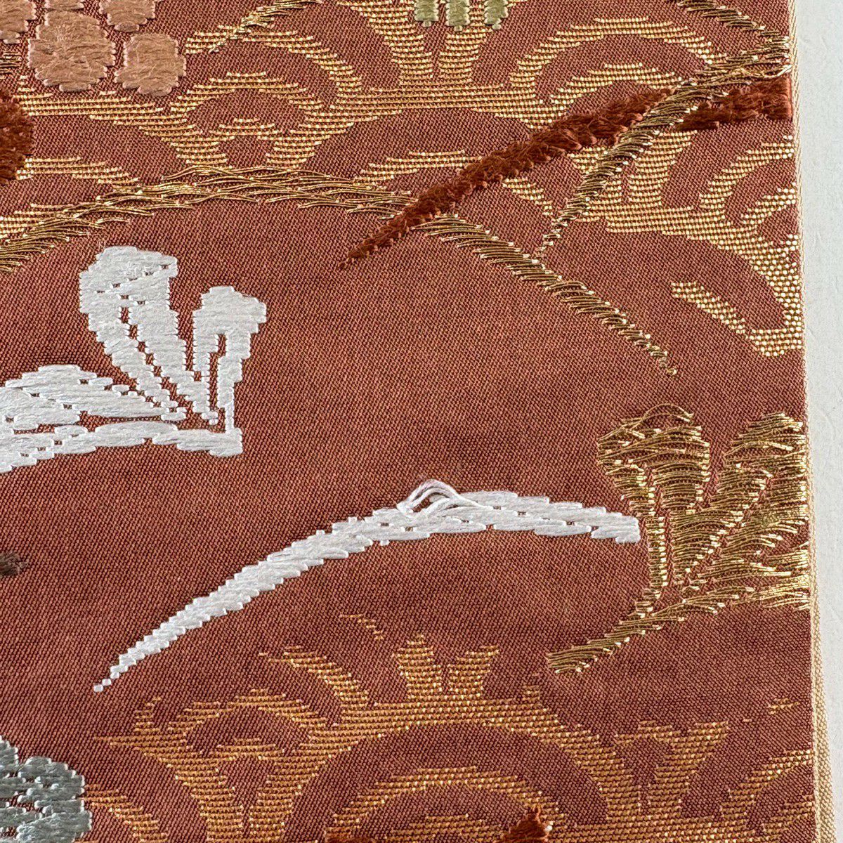 袋帶 秀品級 松樹竹子梅花 短冊 刺繡 金金箔 薄茶 六通 純蠶絲