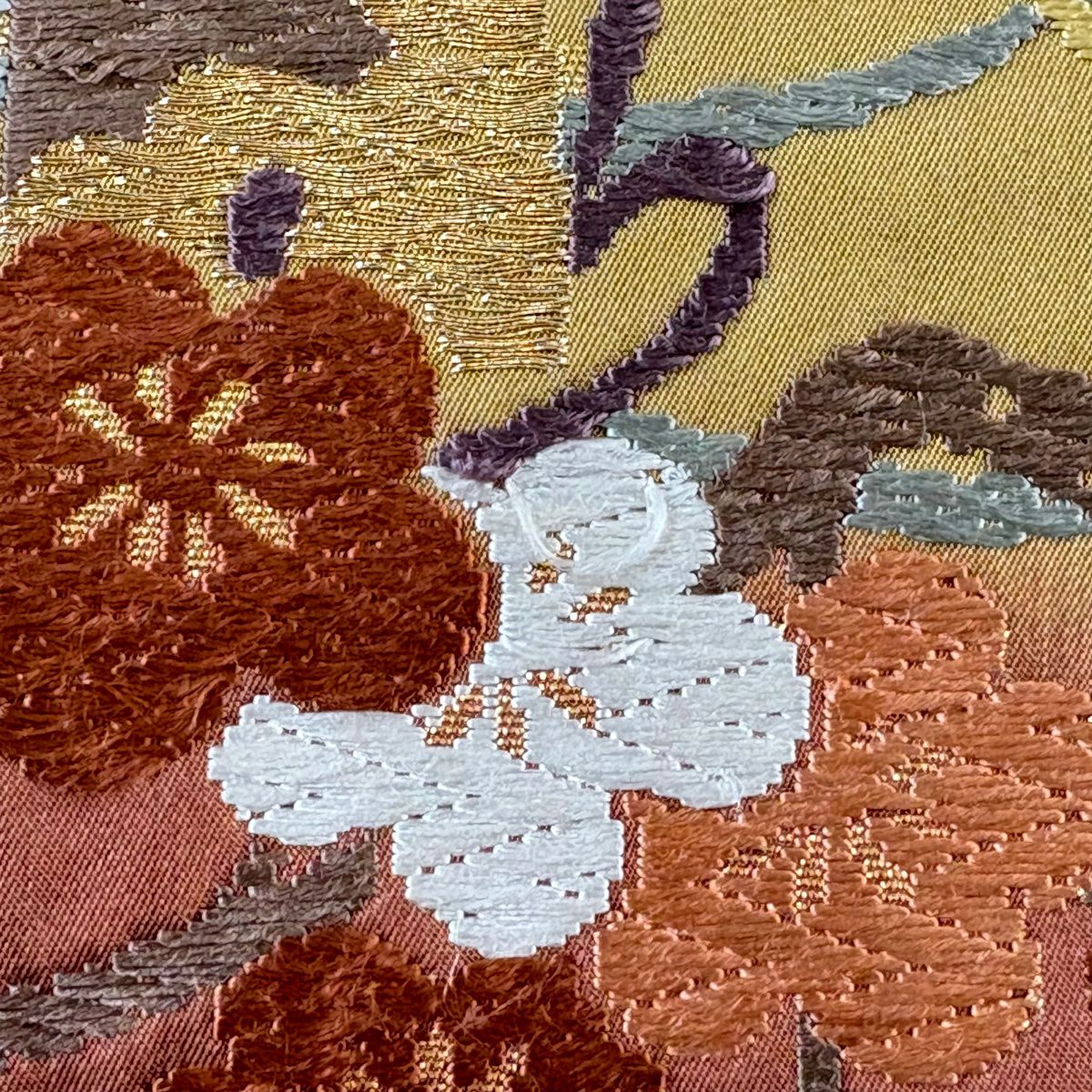 袋帶 秀品級 松樹竹子梅花 短冊 刺繡 金金箔 薄茶 六通 純蠶絲