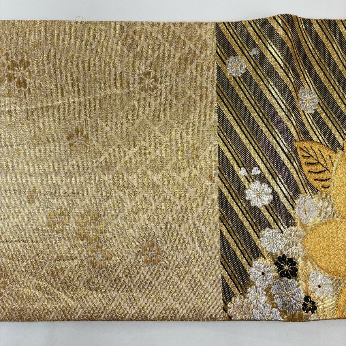 袋帶 秀品級 草花紋紋 斜紋 金銀線 金金箔 金色 六通 純蠶絲