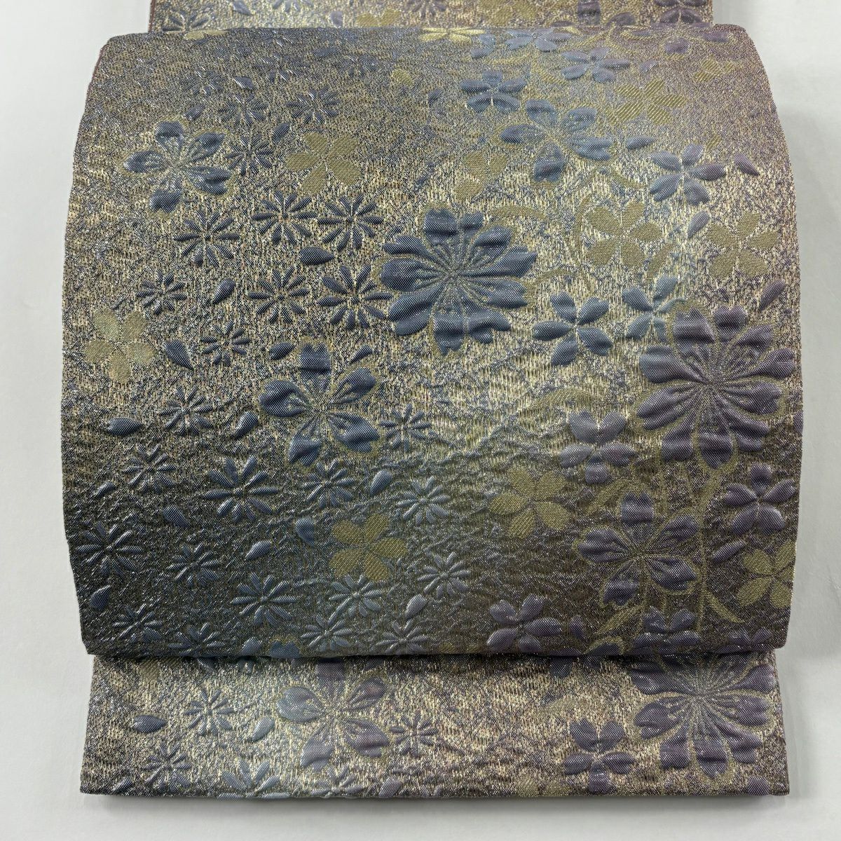 【美品】 袋帶 秀品級 鈴乃屋 花 櫻花 金糸 灰紫 全通 純蠶絲