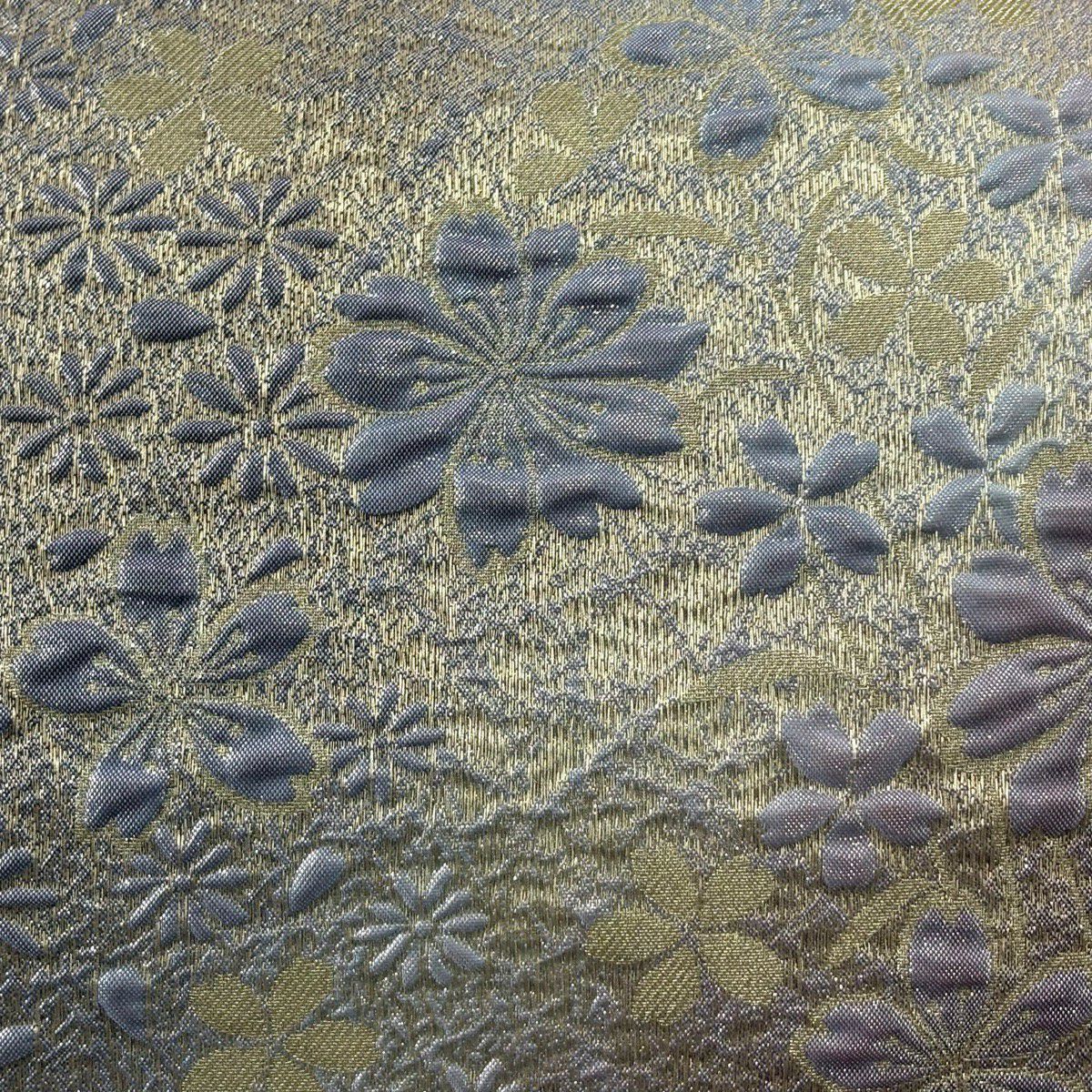 【美品】 袋帶 秀品級 鈴乃屋 花 櫻花 金糸 灰紫 全通 純蠶絲