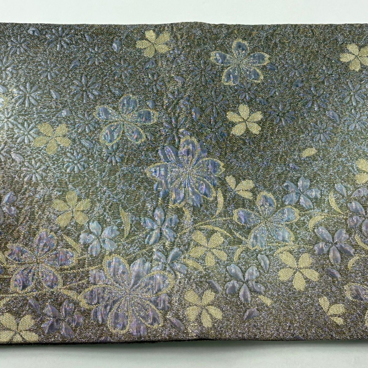 【美品】 袋帶 秀品級 鈴乃屋 花 櫻花 金糸 灰紫 全通 純蠶絲