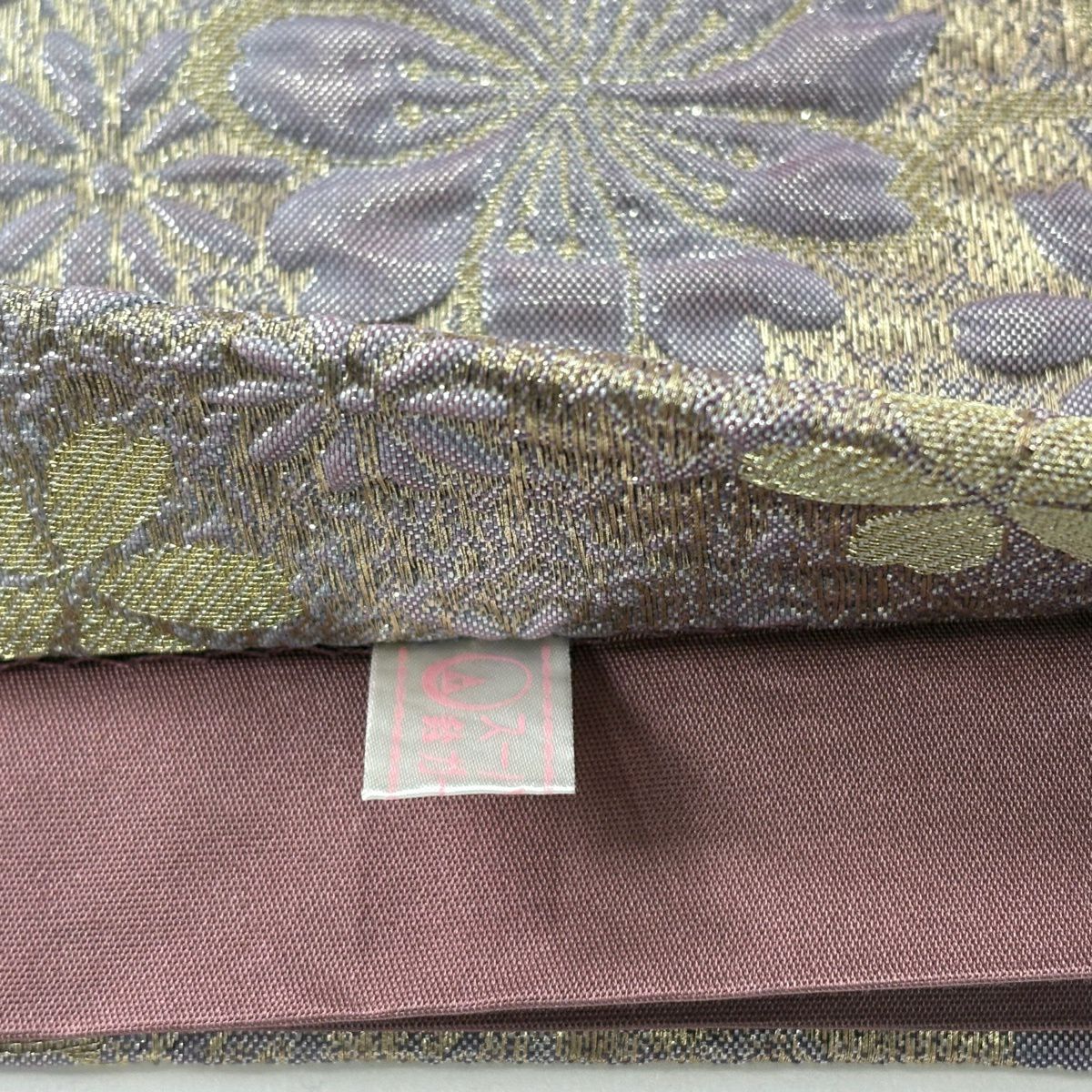 【美品】 袋帶 秀品級 鈴乃屋 花 櫻花 金糸 灰紫 全通 純蠶絲