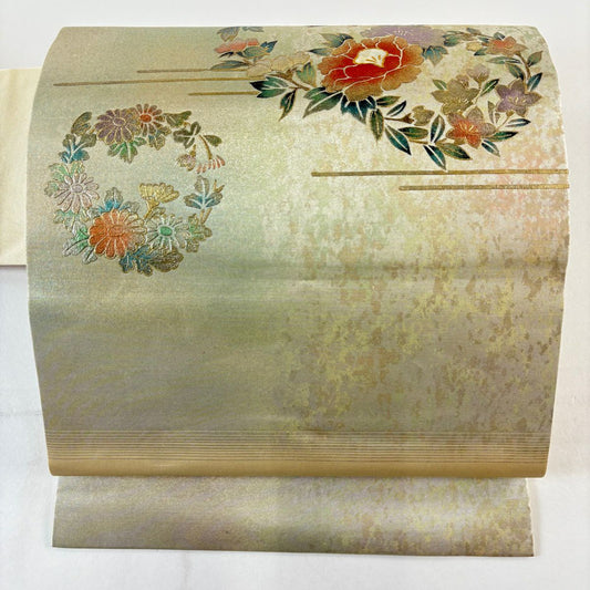 名古屋帶 秀品級 花丸紋 霞 螺鈿 金銀彩 灰綠 純蠶絲