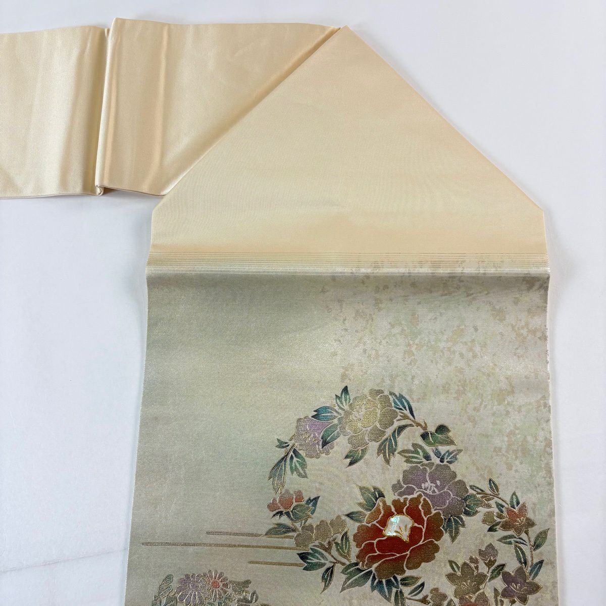 名古屋帶 秀品級 花丸紋 霞 螺鈿 金銀彩 灰綠 純蠶絲